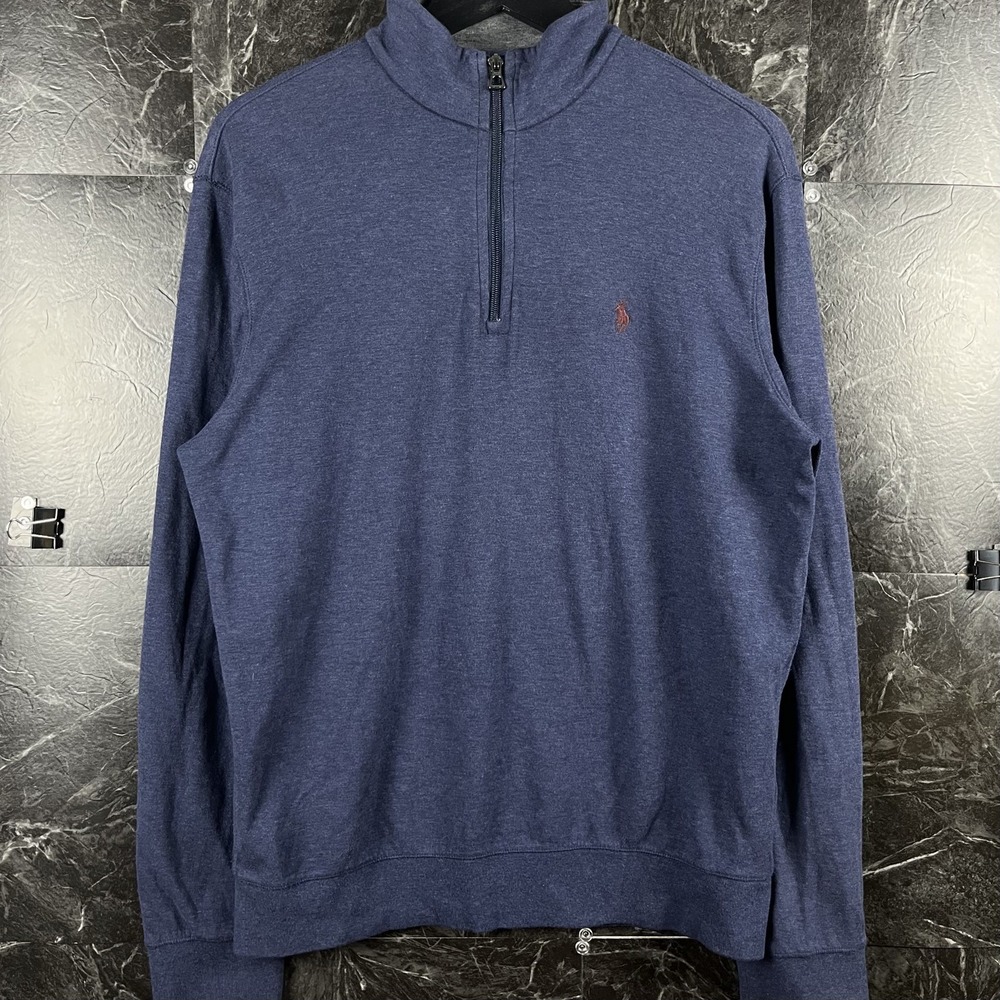 Polo Ralph Lauren Men's Blue Double Knit Luxury Quarter Sweatshirt Small